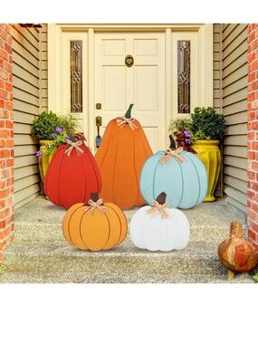 New Set of 5 Decorative Wooden Pumpkins - Multi Color Fall Porch Decor